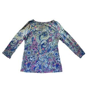 Talbots Blouse Top Womens M Coral Reef Paisley Tie Neck Lightweight